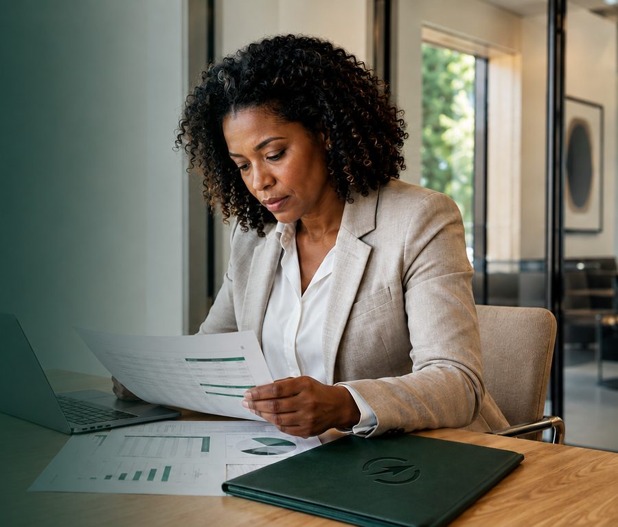 A business buyer reviewing acquisition financial statements at a desk with a laptop and printed reports.