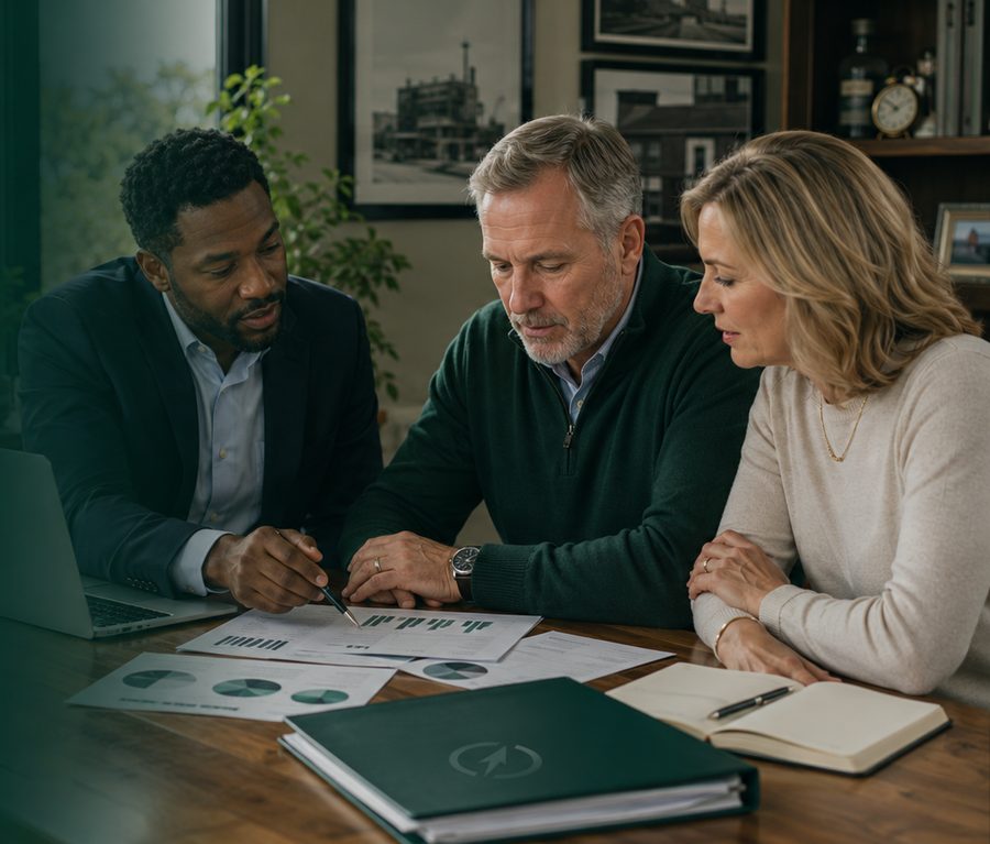 Two business owners reviewing sale readiness information with an advisor at a conference table.